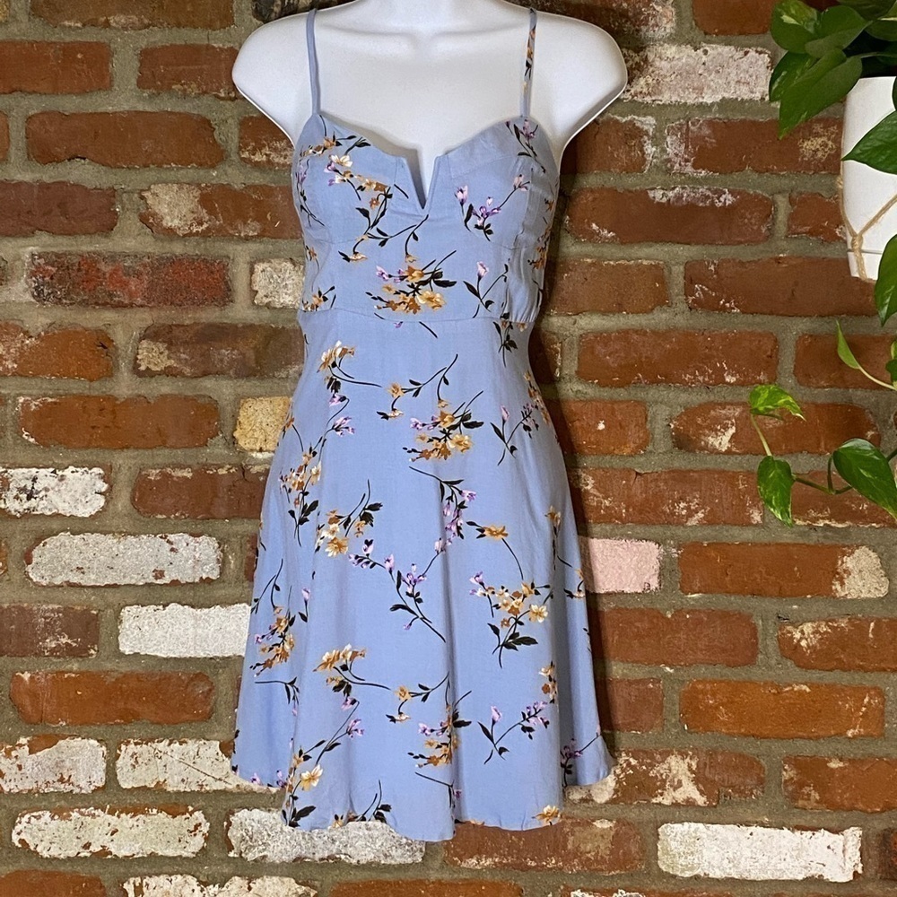 Melloday blue floral V notch skater  Size small printed pastel mini sun dress - Picture 3 of 8